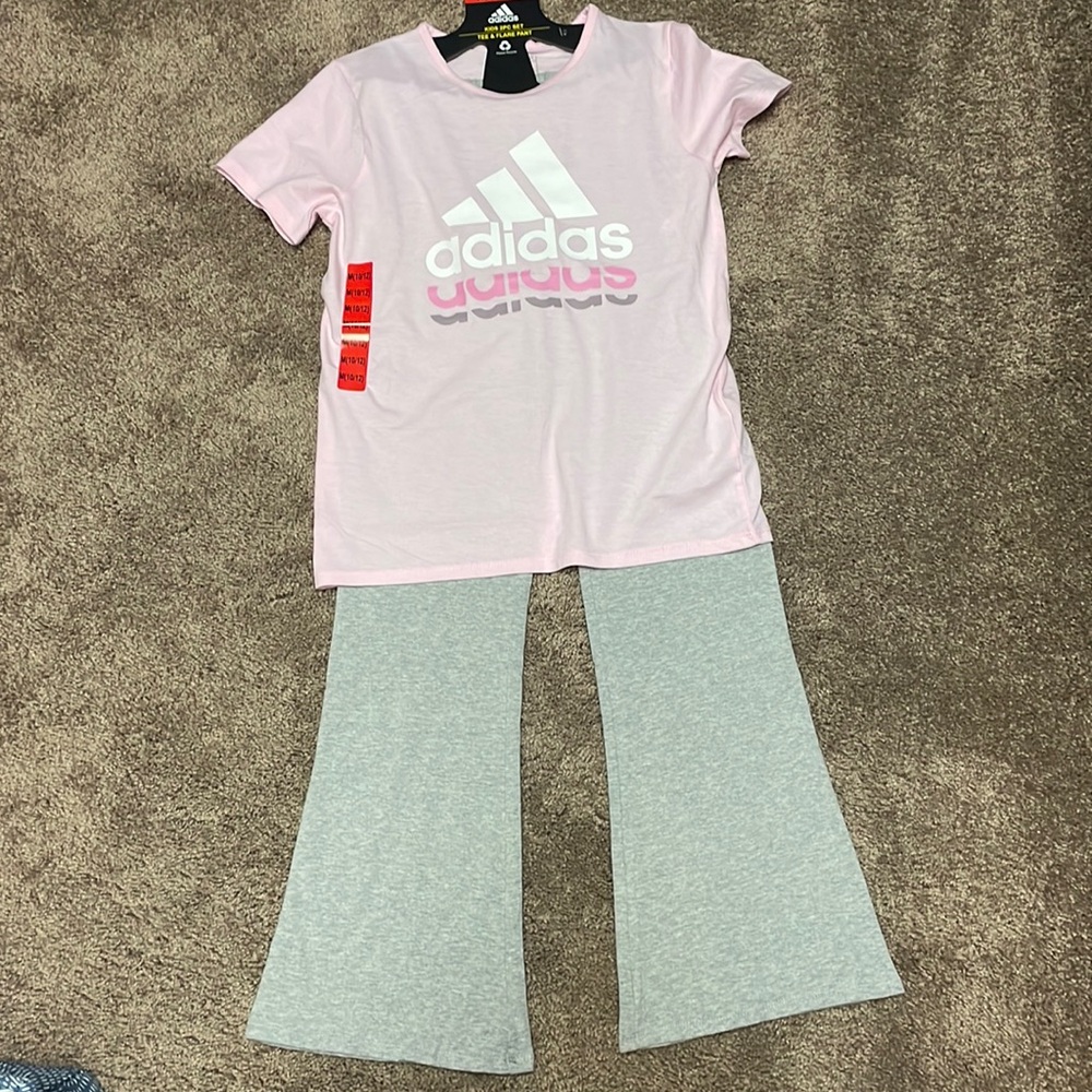 Adidas kids 2 piece set include tea and flare pant size medium 10 to 12 girls